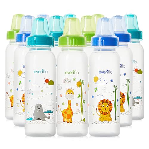 Evenflo Feeding Classic Prints Polypropylene Bottles for Baby, Infant and Newborn - Blue/Green/Teal, 8 Ounce (Pack of 12)