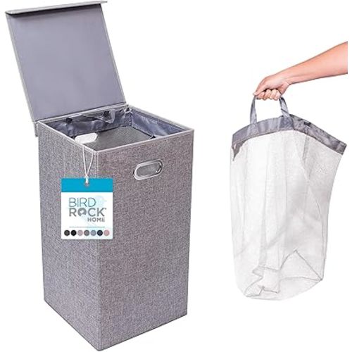 BIRDROCK HOME Laundry Hamper with Lid | Removable Bags for Sorting Clothes | Sectioned Laundry Basket for Bedroom & Bathroom | Collapsible Storage Bin with Cover | Single, Grey