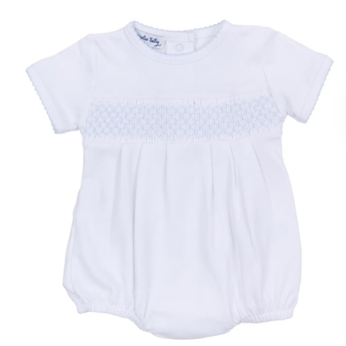 Essentials Solid Smocked Bubble - White Blue – Magnolia Baby