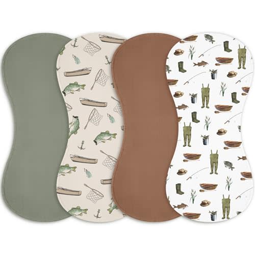 Boao 4 Pcs Fishing Baby Burp Cloths Fisher and Bass Fishes Themed Soft Plush Newborn Spit up Rags Fishing Burp Cotton Cloths Rag for Boy Girl Newborn Infant Gifts Nursery Decor 18.9 x 9.06 Inch