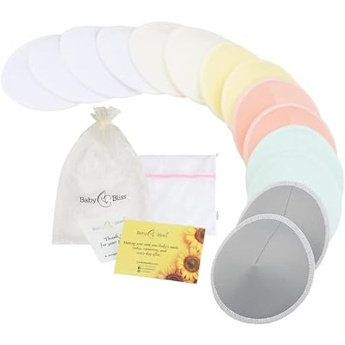 Organic Nursing Pads - 14 Washable Viscose Derived from Bamboo Breastfeeding Pads, Reusable Breast Pads for Breastfeeding, Nipple Pads with Wash Bag (3-Layers, Pastel Touch, 3.9")