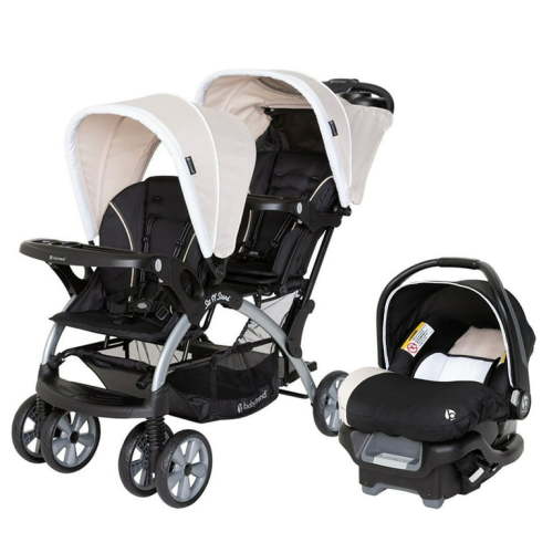 Baby Trend Sit N Stand Double Stroller & Single Car Seat - Twins Combo, Rear Facing Travel Set - Khaki
