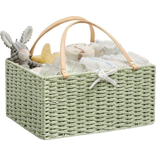 Large Paper Rope Diaper Caddy, Baby Essentials Organizer, Portable Baby Shower Baskets Gift Bin, Car Storage Bag for Nursery