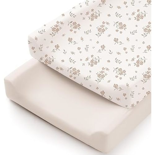 Konssy 2 Pack Stretchy Changing Pad Covers for Girl, Boy, Silky Soft Changing Table Cover, Breathable Baby Nursery Diaper Chang Pad Sheets (Blossom,Cream)