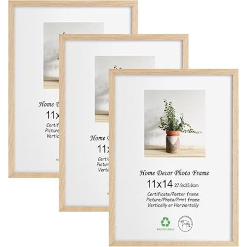 LYYYXGYP 11x14 Picture Frame Set of 3 Wooden Photo Frame Natural Solid Oak Wood Beige Poster Frame with Plexiglass for Art Gallery Wall Collage Decor