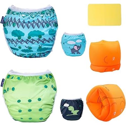 EZ Moms Baby Swim Essentials Bundle - 2 Pack Reusable Swim Diapers and 2 Pack Toddler Arm Floaties (30–150 LBS) Set, Large Size Snap Adjustable Swimming Diapers with a Shammy Towel & Kids Water Wings