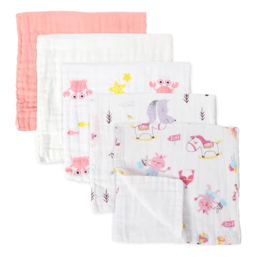 lanjue 5 Pcs Muslin Baby Burp Cloths, Large 20"x10" Cotton Burping Cloth Extra Soft and Absorbent Baby Burp Rags for Newborn Unisex Baby Girls and Boys (Pink)