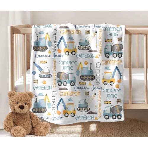 Construction Trucks Baby Boy Blanket Personalized Baby Boy Blanket Name Blanket Baby Gift Custom Baby Blanket Blanket Fleece Minky Sherpa