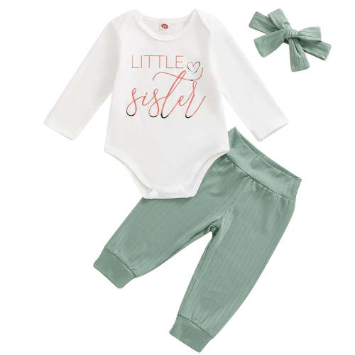 Toddler Baby Girls Outfits Set Letter Print Long Sleeve Romper Striped Pants Headband 3PCS Clothes