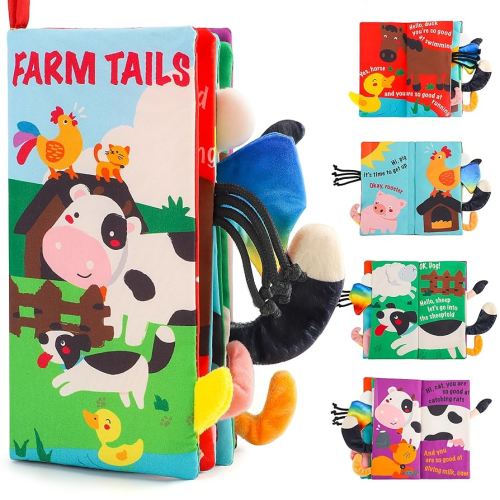 beiens Soft Toys Baby Cloth Books, Touch and Feel Crinkle Books for Babies, Infants & Toddler, Early Development Interactive Car Toys & Stroller Toys for Boys & Girls (Farm Tails-1 Book)