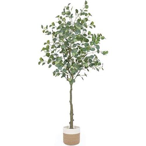 GROWNEER 6FT Atificial Eucalyptus Tree Fake Tree with Basket, Large Fake Eucalyptus Stems Plant Artificial Trees for Home Décor Indoor