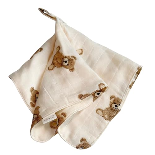 Ali+Oli Security Blanket for Baby (Teddy Bear) Pacifier Blanket Holder Made with Soft Muslin Cotton, Cuddle Blanket with Lead-Free Button Snap Closure, Pacifier Holder, Baby Blankets (15"x15")