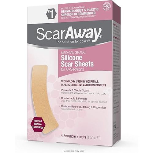 GoodSense ScarAway Advanced Skincare Silicone Scar Sheets for C-Sections, Reusable Sheets (1.5” x 7”) for Hypertrophic and Keloid Scars from Injury, Burn, Surgery and more, 4 Sheets