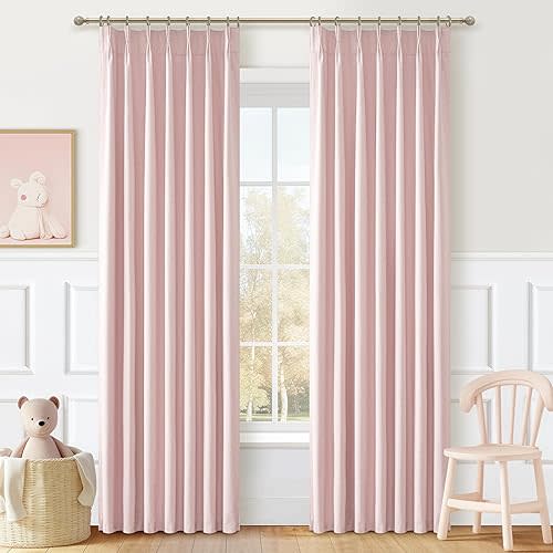 Baby Pink Modern Pinch Pleated Curtains & Drapes 84 Inch Length 2 Panels Set for Living Room, Blackout Thick Linen Blend Thermal Privacy Baby Girls Room Window Curtain with Hooks Ring 40"x84"