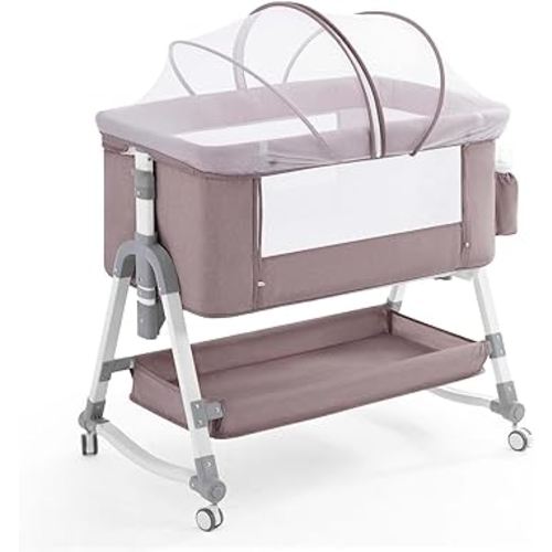 3 in 1 Baby Bassinet, Rocking Bassinets Bedside Sleeper with Comfy Mattress and Wheels, Height Adjustable Easy Folding Portable Bedside Crib for Newborn Infant,Khaki