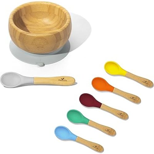 Avanchy Baby Bowls with Suction + 6 Spoons. Food Set for Babies Kids Toddler Boys Girl + Travel Baby Silicone Spoon. Fits Feeding High Chair Table, Gray + 5 Spoons