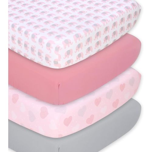 The Peanutshell Baby Girl Crib Sheets, Fitted Baby Bedding Sheet Set for Standard Size Crib Mattress, 52x28, Pink Elephant Hearts Nursery Decor, 4 Pack in Grey, Pink, White - Pink Elephant, Hearts & Solid Pink