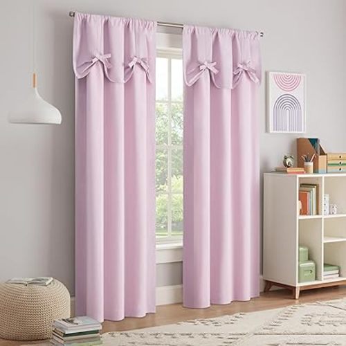 ECLIPSE KIDS Blackout Curtain, Kids Curtain with Bow Tie Up Valance, 84 in x 40 in, Thermaback 100% Blackout Curtain with Rod Pocket Header, Curtain for Kids Room or Playroom, 1 Window Curtain, Pink