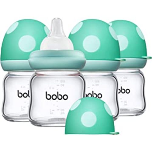 YOHKOH Natural Glass Baby Bottle with Natural Response Nipple, Newborn Anti-Colic Baby Bottles, Wide Neck Mushroom Cap Baby Bottle, Clear (3.4oz (Pack of 4), Blue)