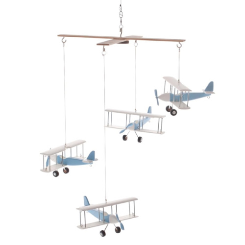 Hanging Mobile with Wooden Airplanes.Cute Hanging decor for a baby boy's nursery. Travel theme children's hanging decor. Sky Blue/Baby blue color.