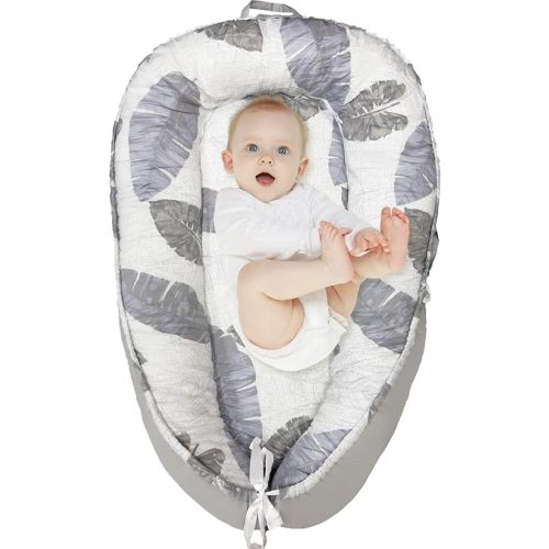 Baby Nests Baby Lounger For Newborn, Snuggle Sleeping Baby Bassinet for 0-24M, Breathable Portable Co Sleeping Bed, Baby Essentials Adjustable Infant Soft Cotton Loungers for Home & Travel -Leaves
