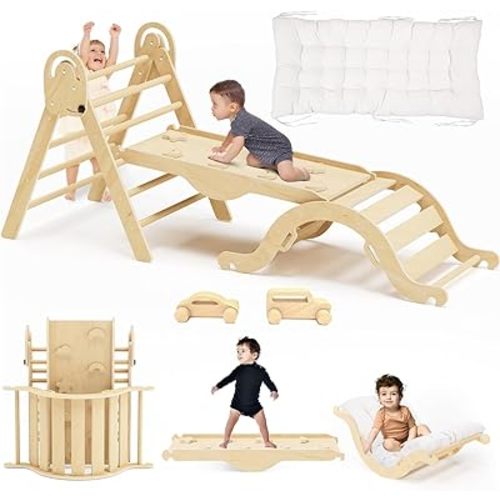 Pikler Triangle Set with Cushion, Indoor Climbing Toys, Montessori Climbing Set, Climbing Toys for Toddlers 1-3 Inside, 9 Combinations Indoor Playground Jungle Gyms (Nature & 2Car & Mat)