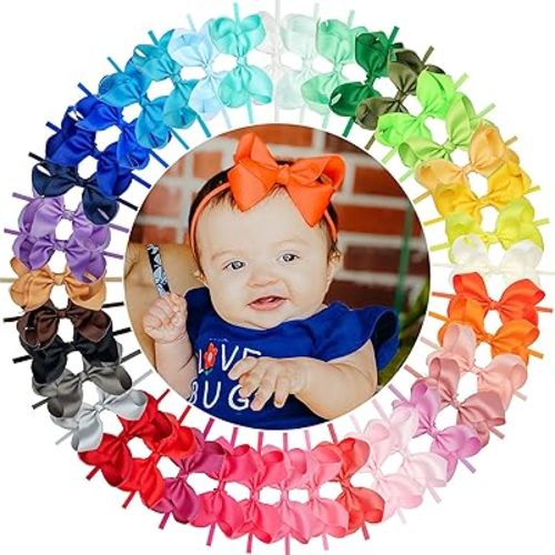 CÉLLOT 40 Colors Baby Bow Headbands 4.5" Hair Bows Super Soft Nylon Headbands for Baby Girls Infants preemie and Newborn Kids Hair Accessories