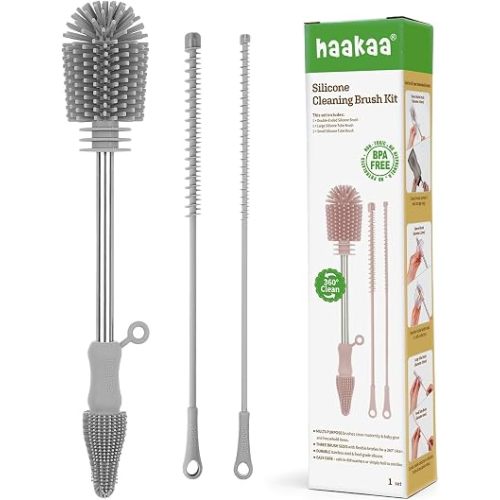 haakaa Silicone Cleaning Brush Kit - SUVA Grey - Bottle Brush for Breast Pumps, Breast Milk Collector, Baby Bottles, Nipples, Breastmilk Storage Bags