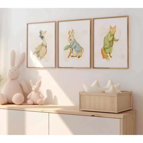 Peter Rabbit Watercolor Nursery Prints Set of 3 | Cute Nursery Wall Art 3 Piece Set | Peter Rabbit Babyshower Gift