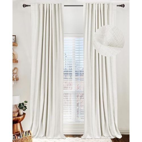100% Blackout Shield Linen Blackout Curtains for Bedroom 96 Inches Long, Back Tab/Rod Pocket Living Room Drapes, Thermal Insulated Blackout Curtains 2 Panels Set, 50" W x 96" L, Off White