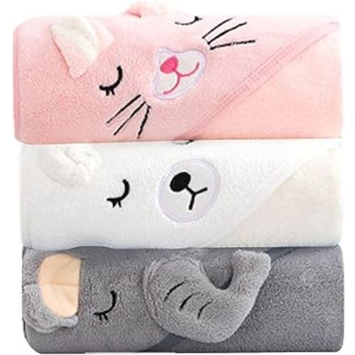 Hooded Baby Towel - 3 Pack Soft and Cute Animal Design Baby Bath Towel for - Baby Towel with Hood for Baby Boy and Girl - 79 79cm/31.4x31.4 Inch