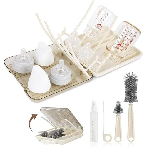Baby Bottle Brush Set, 6-in-1 Travel Bottle Cleaning Kit with Silicone Bottle Brush, Nipple & Straw Brush, Soap Dispenser, Drying Rack & Storage Box – Compact Baby Essential for Home & On-The-Go