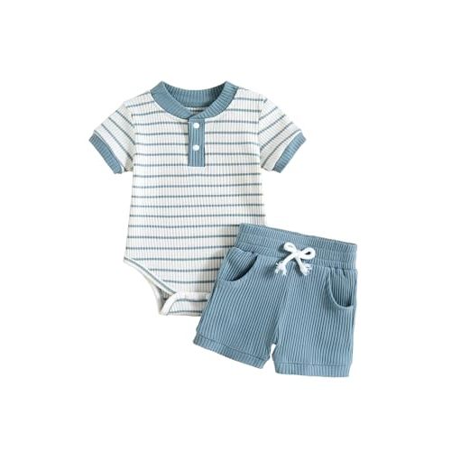 Baby Boy Outfits Ribbed Short Sleeve Striped Romper Top Solid Shorts with Pocket Baby Boy Summer Clothes 0-18M