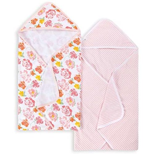 Burt's Bees Baby - Hooded Towels, Absorbent Knit Terry, Super Soft Single-Ply, 100% Organic Cotton 2 Pack), Rosy Spring, 2 Pack