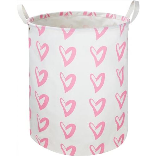 CLOCOR Pink Laundry Basket,Waterproof Baby Girls Nursery Hamper, Girls' Room Decor,Kids Toys Storage Bin,Gift Basket（Pink Heart)