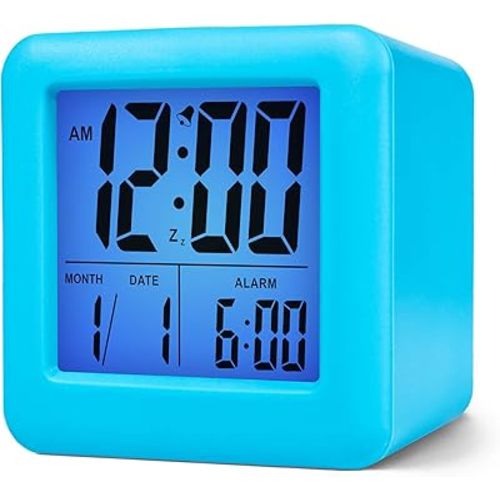 Plumeet Digital Alarm Clock Kids with Snooze and Nightlight - Easy Setting Silicone Clock Display Time, Date - Loud for Bedroom - Battery Powered (Blue)