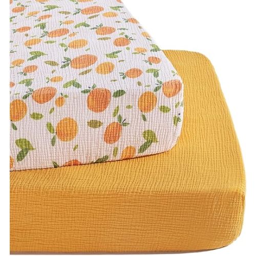 TILLYOU Muslin Crib Sheets for Boys and Girls 2 Pack, Neutral Soft Cotton Baby Crib Mattress Protector, for 52"x 28" Toddler Bed, Orange Flavour & Orange