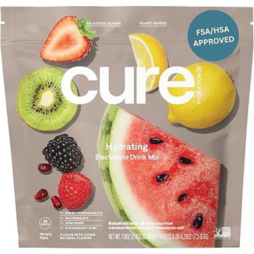 Cure Hydration | Plant-Based Electrolyte Drink Mix | No Added Sugar | Dehydration Relief Powder Made with Coconut Water | Non-GMO | Vegan | 28 Servings - Variety Pack