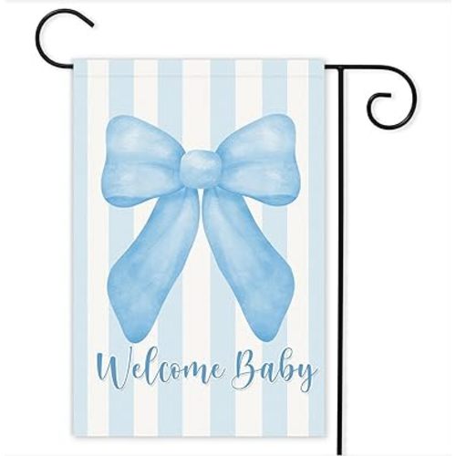 12×18 Inch Double-Sided Welcome Baby Garden Flag – Blue Bow Yard Banner for Baby Shower, Newborn Celebration, Outdoor Party Decor, Gender Neutral Outdoor Sign for Boy or Girl