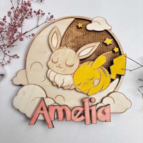 Pokemon Baby Room Wooden Wall Plaque - Eevee and Pikachu Nursery Door Sign - Self-Adhesive, Wood - Handmade & Customizable - Pokémon Theme
