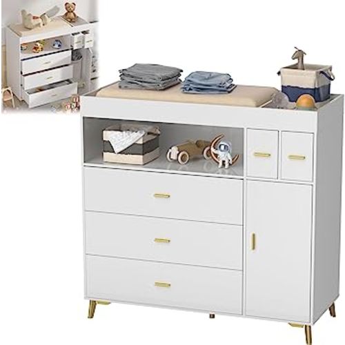 Changing Table with Drawers, White Drawer Dresser,Changing Table Dresser with 5 Drawer & Cabinet