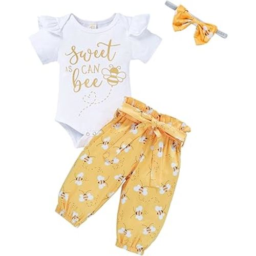 GRNSHTS Infant Baby Girl Bumble Bee Clothes Letter Print Romper Honey Bees Pants Bowknot Headband Outfits Set