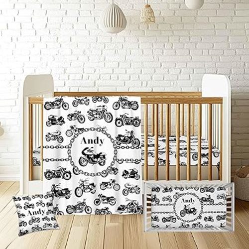 Personalized Motorcycle Baby Crib Bedding Set for Boys – Custom Name 3-Piece Nursery Bedding with Blanket, Fitted Crib Sheet & Pillowcase – Soft Infant Toddler Newborn Gift