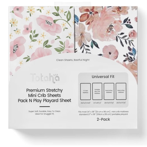 Graco Pack and Play Sheets Fitted, TotAha Buttery Soft Mini Crib Sheets Girl, Floral Pack N Play Mattress Sheets Hypoallergenic, Premium Jersey Playrad Sheets, Meredith Allover & Pale Pink, 2 Pack