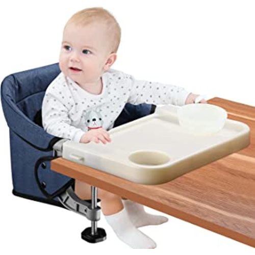 Hook On High Chair with Removable Dining Tray,Folding Portable Clip on Table High Chair,Baby Chair with Storage Bag for Indoor/Outdoor (Dark Blue)