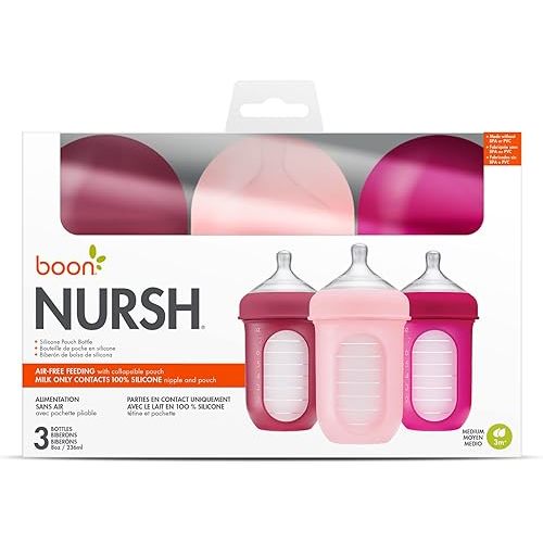Boon Nursh Reusable Silicone Pouch Baby Bottles - Medium Flow Nipple - Silicone Baby Bottle Pouch and Nipple - Baby Feeding Essentials - Pink - 3-6 Months - 3 Count - 8 Ounce