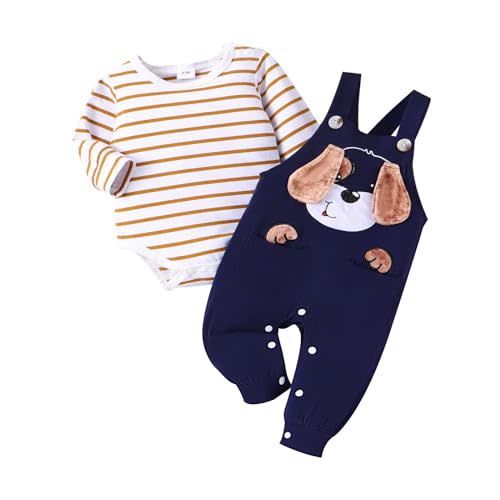 TOKIAGO Baby Boy Clothes Newborn Outfits Fall Winter Striped Romper Infant Cartoon Overall Adjustable Suspender Pants Set
