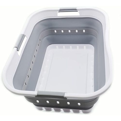 SAMMART 42L (11 gallon) Collapsible Plastic Laundry Basket - Foldable Pop Up Storage Container/Organizer - Space Saving Hamper/Basket (1, White/Grey)