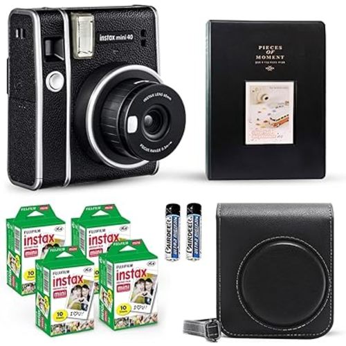 Fujifilm Instax Mini 40 Instant Camera Vintage Black. + Fujifilm Value Pack (40 Sheets) + Shutter Accessories Bundle, includes Vintage Style Compatible Carrying Case, Black Photo Album 64 Pockets