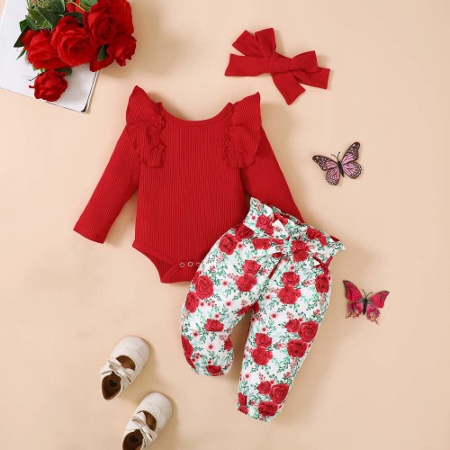 Kayannuo Baby Girl Clothes Long Sleeve Fall Winter Clearance Newborn Baby Girl Clothes Infant Outfits Ruffle Sleeve Romper Bodysuit Floral Pants Toddler Girl Outfits,Beige